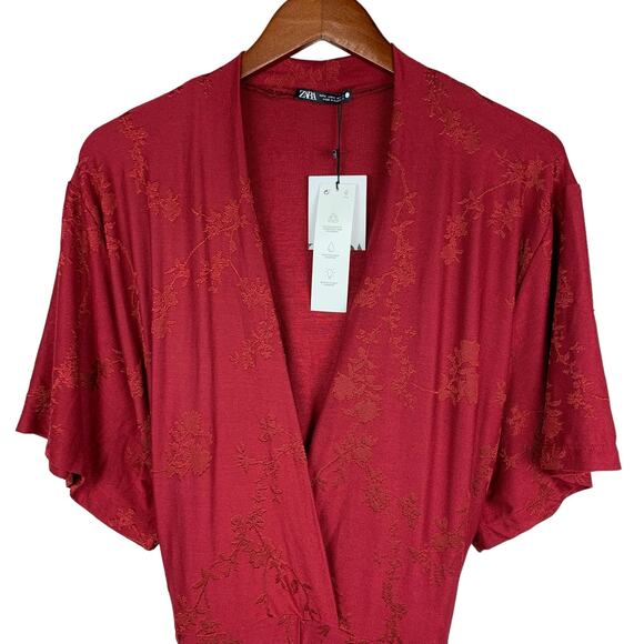 New Zara Jumpsuit Faux Wrap Neckline Red Jacquard Knit Short Sleeve Women’s M - Picture 4 of 12